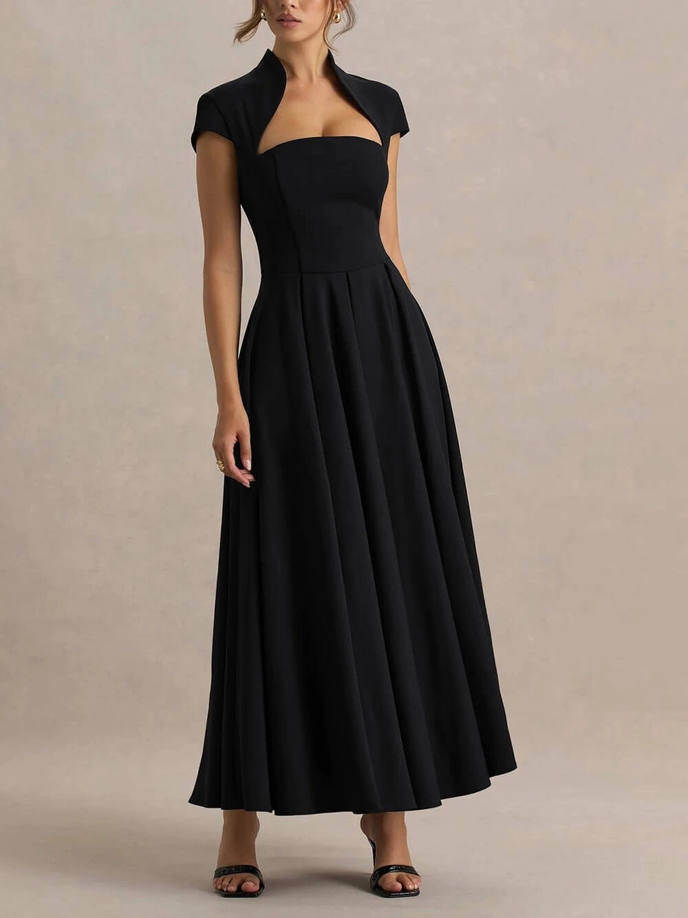 Club L London Black Cap-Sleeve Square-Neck Maxi Dress